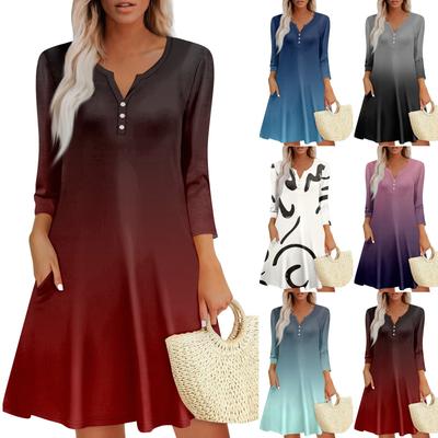 Damen Sommerkleid Lockeres V-Ausschnitt Dreiviertelärmel Sommerkleid mit Taschen Kleid