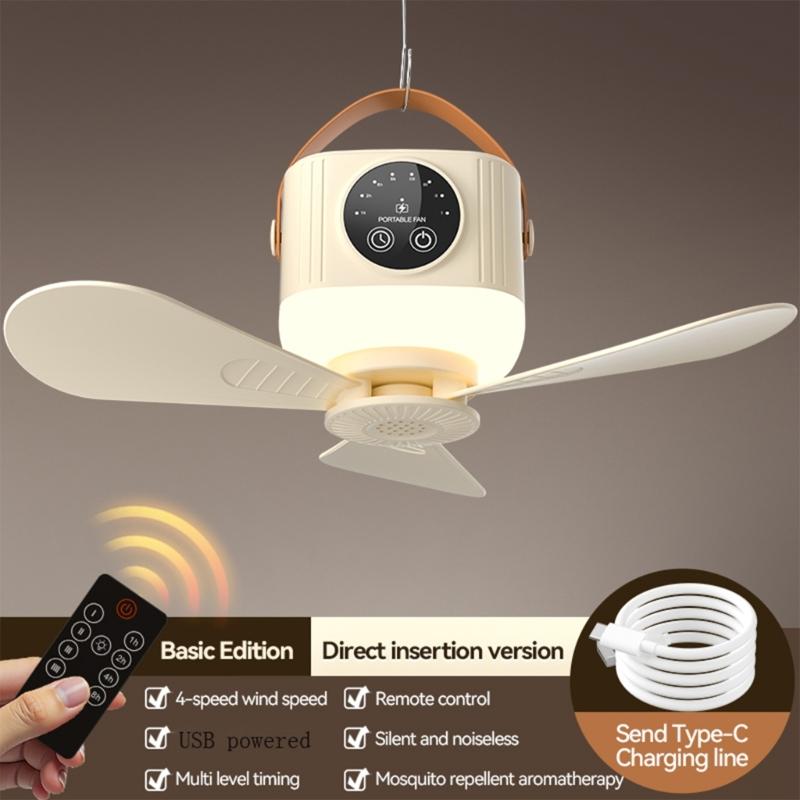USB Hanging Fan Lamp For Outdoor Camping Car And Dormitories 4 Speed Setting And Timer Option Multiple Function