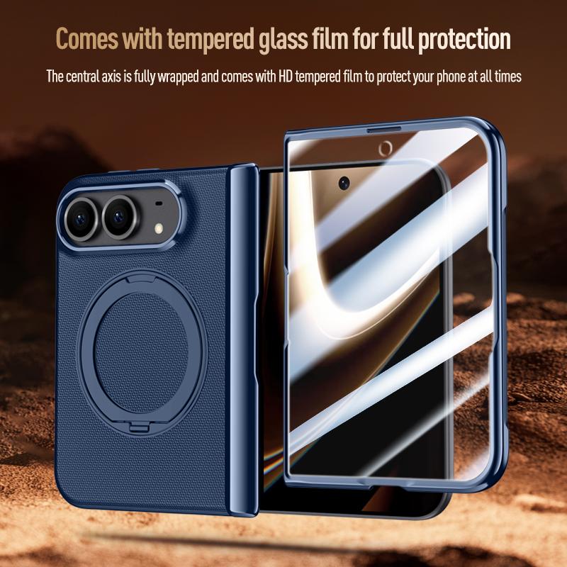 Für iPhone Duo Case Matts Leder Scharnier Drehbarer Halter Magnetisches Kabelloses Laden Mit Gehärtetem Glasfilm Stoßfeste Hülle