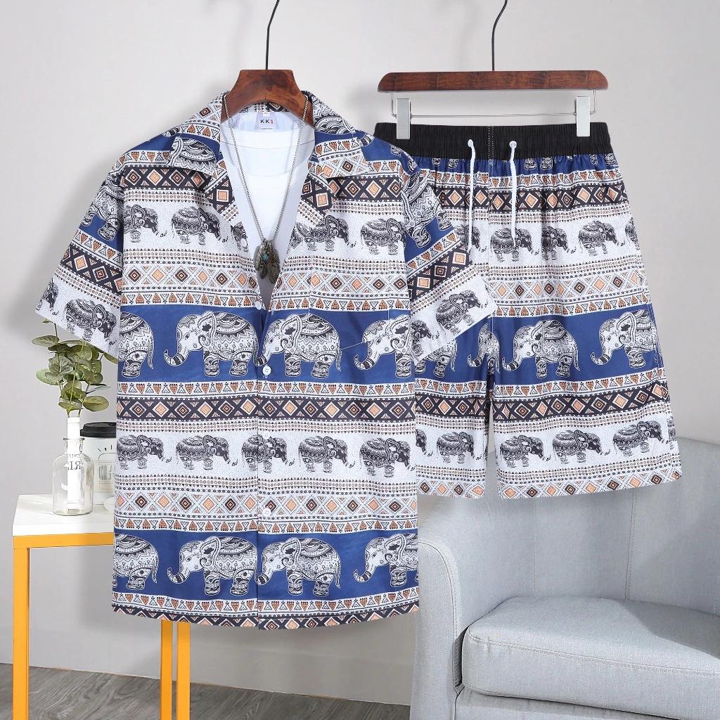 Elephant Pants Shorts Shirt Set V-neck Adjustable Elastic Waist Strap Women Men Unisex Print Thailand Casual Beach Summer Bohemian Retro Vintage