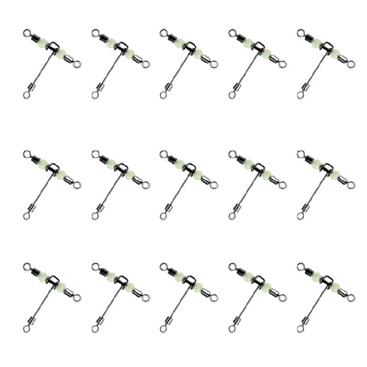 15Pcs T Shape 3 Way Swivels with Glow Beads Barrels Rolling Swivels Rig Swivels Fishing Tackle