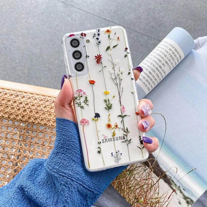 Süße handbemalte Handyhülle mit Blumen für Samsung S25 S24 S22 S21 FE Ultra Klare Silikonhüllen für Samsung Galaxy S23 Plus Ultra Hülle