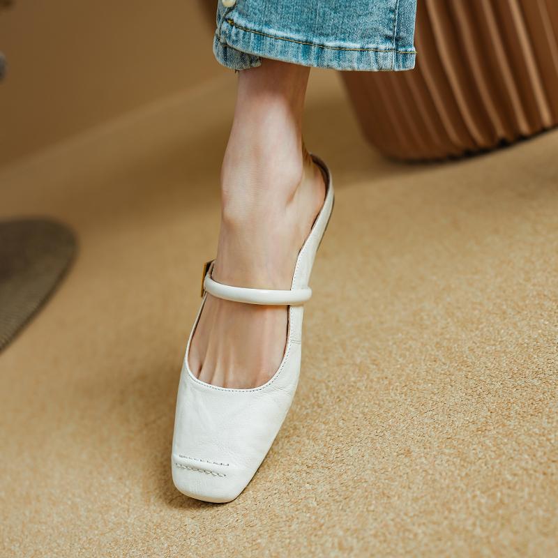 Mode 2024 Sommer Damen Pantoletten Echtes Leder Schuhe für Damen Zehen bedeckt Niedriger Absatz Slipper Quadratische Zehen Sandalen Interne Erhöhung Schuhe