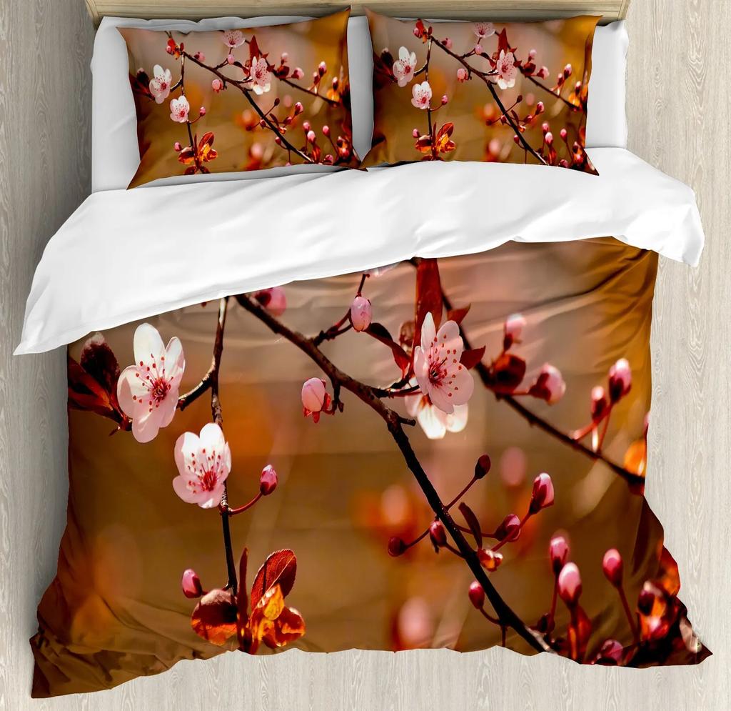 Japanese Duvet Cover Branch of  Flourishing Sakura Tree Cherry Blossoms Spring Theme Art Pink Decor Dark Brown for Women Gifts