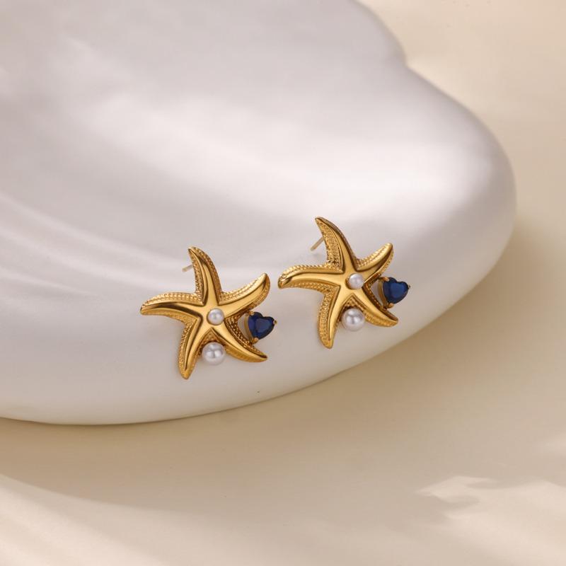 

Shell starfish zircon stud earrings fashionable versatile women s stainless steel casting personalized light luxury earrings