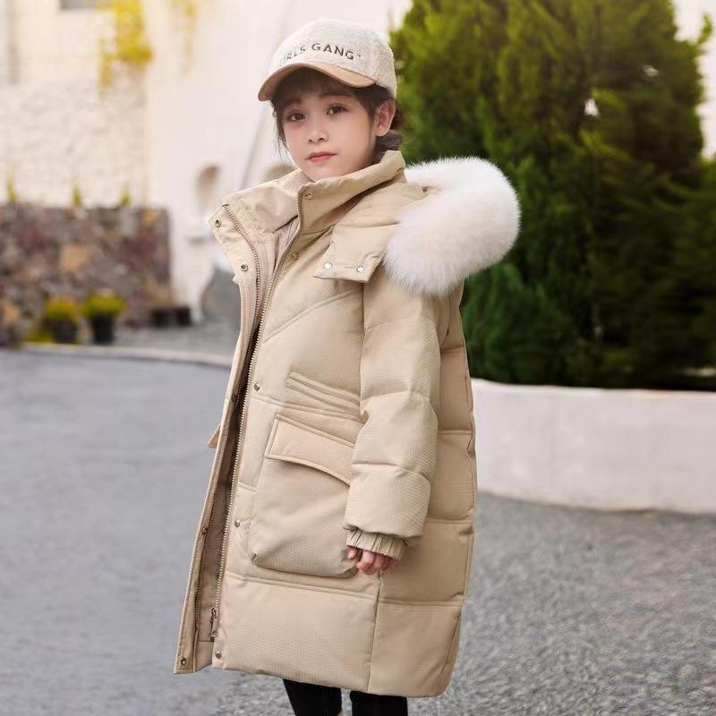 2024 Mid-Length Girls' Thick White Duck Down Jacket - Korean Style Warm Winter Outerwear
