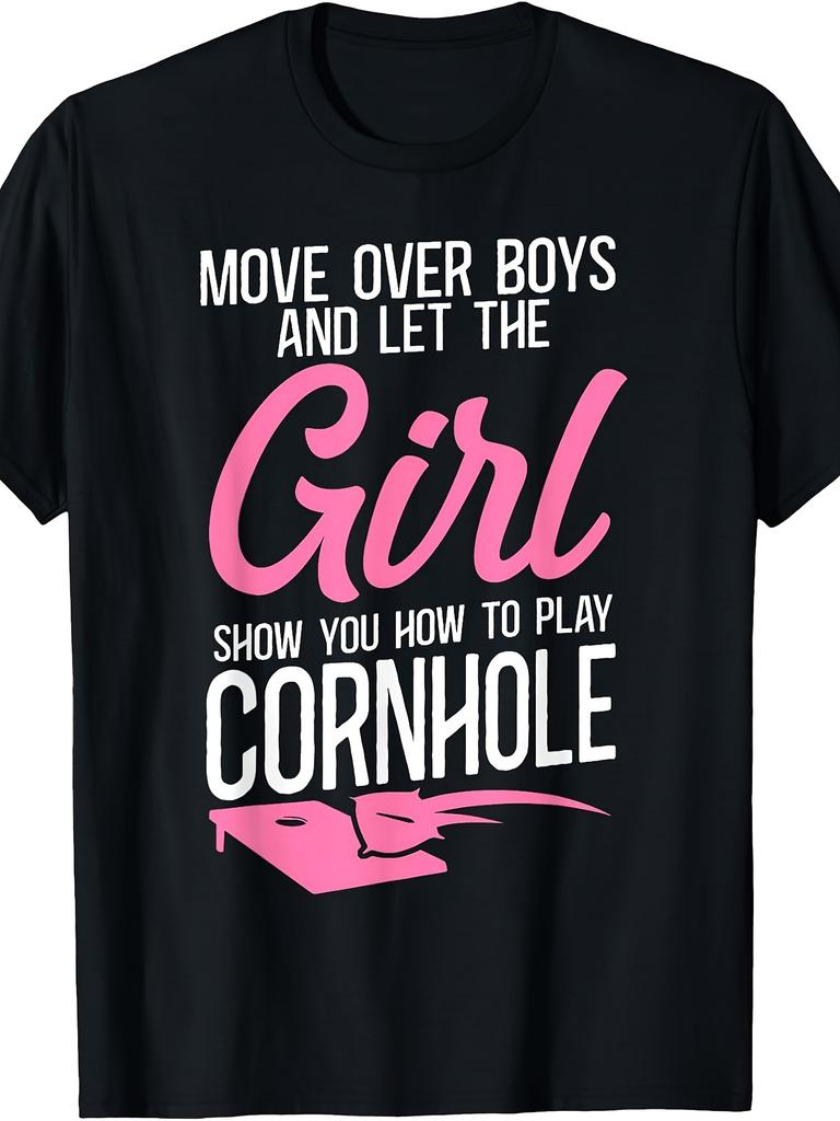 Cornhole Team Bean Bag Player Champ Girl Female Over T-Shirt Retro Casual Crew Neck Printed T-Shirt