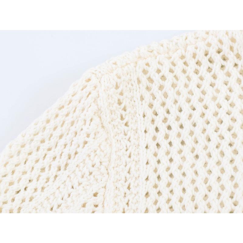 Women Long Sleeve Crew Neck Hollow Knit Cardigan