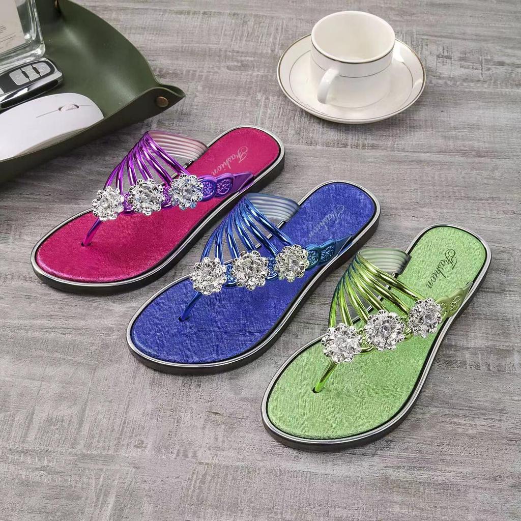 Damen Strass-Blumen Flip-Flop Sandalen - Lässige Sommer Strand Zehentrenner