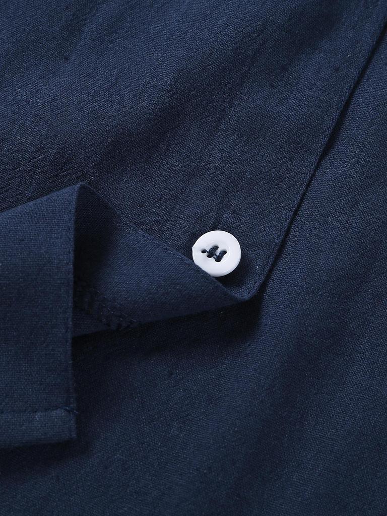 Chemise d'été à manches courtes en coton et lin pour homme avec col rabattu