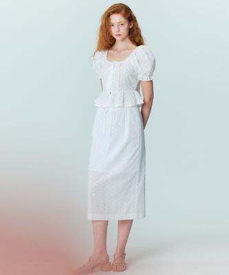 OPENING SUNSHINE Flower Embroidered Lace Puff Blouse_Long Skirt Set White