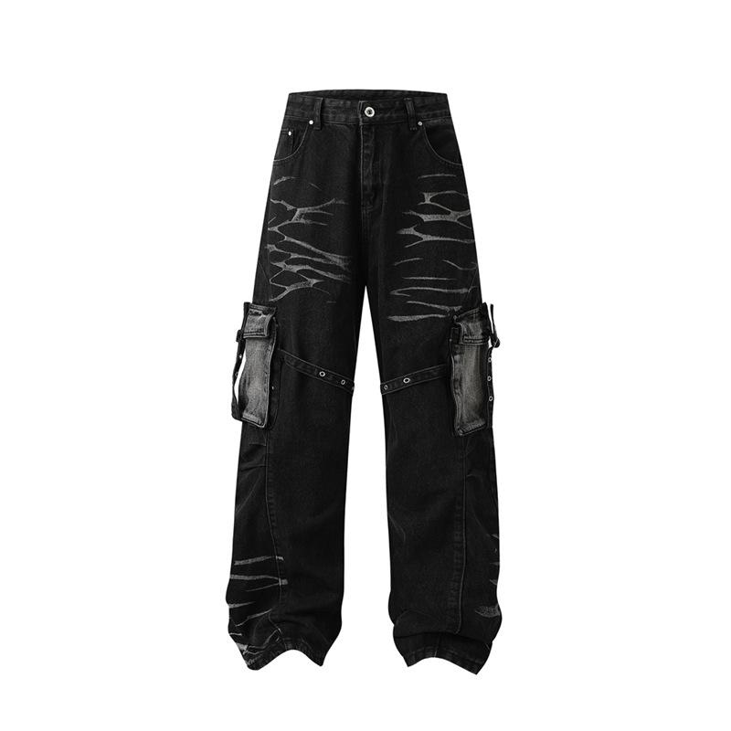 American retro corrugated multi-pocket strap jeans niche design heavy industry loose straight tooling trousers