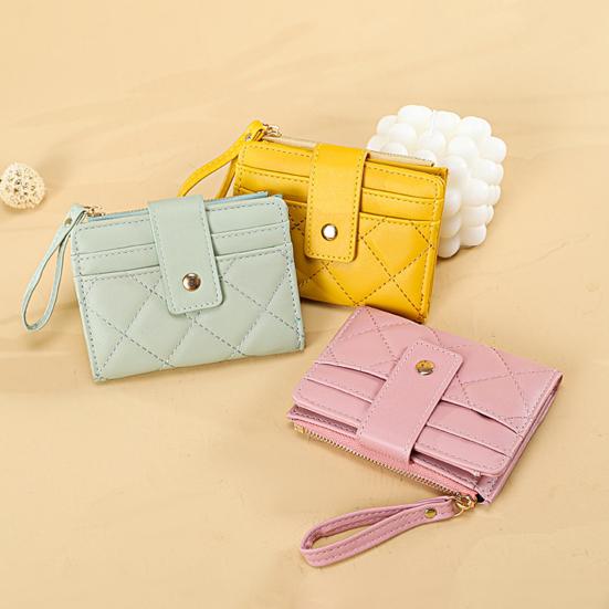 Women Wallet Wristlet Bi-fold Multi-slots Zipper Solid Color Credit Card Holder Faux Leather Students Short Coins