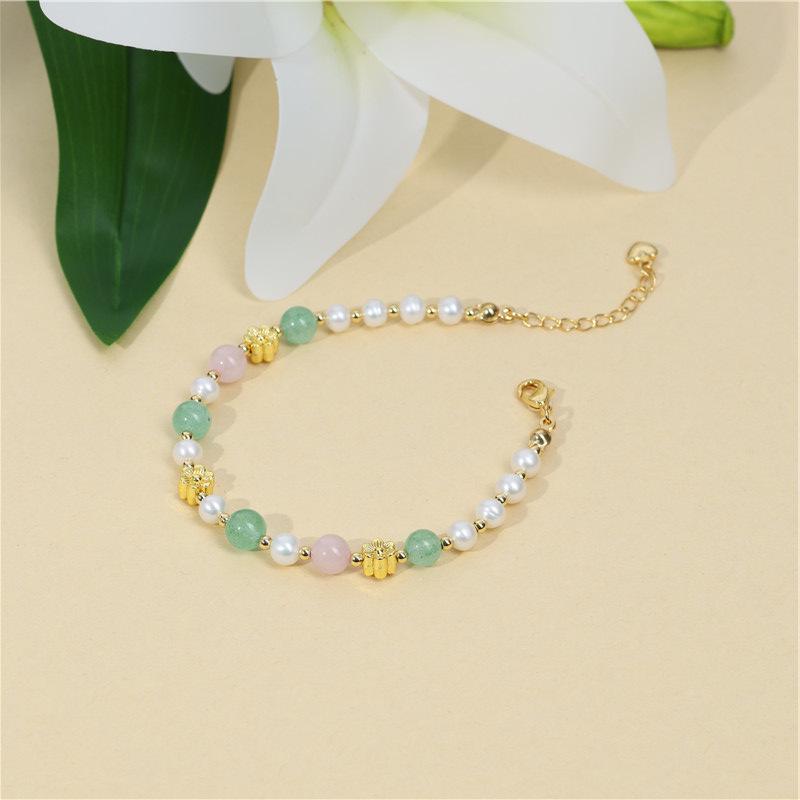 Arvaleff Green Crystal & Freshwater Pearl Flower Bracelet for Women