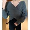 Autumn Korean Chic Waist Slim Casual Fashion Sexy Cross V-neck Sweater One-shoulder Knitted Long Sleeve Knitted Top