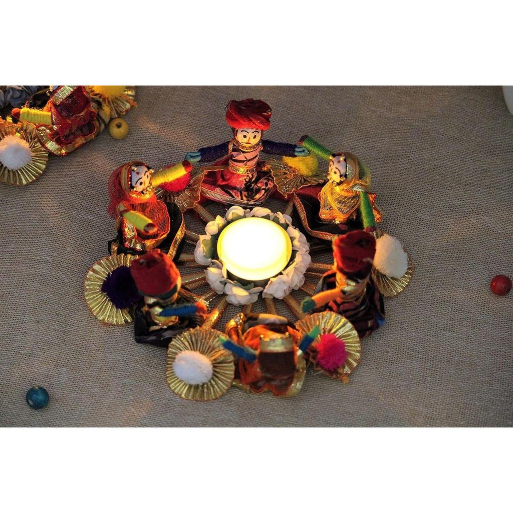 Handmade Recycled Material Rajasthani Dolls Puppet Tealight Candle Holder, Multicolor (13 Cm X 13 Cm 6.5 Cm) (Pack of 1)