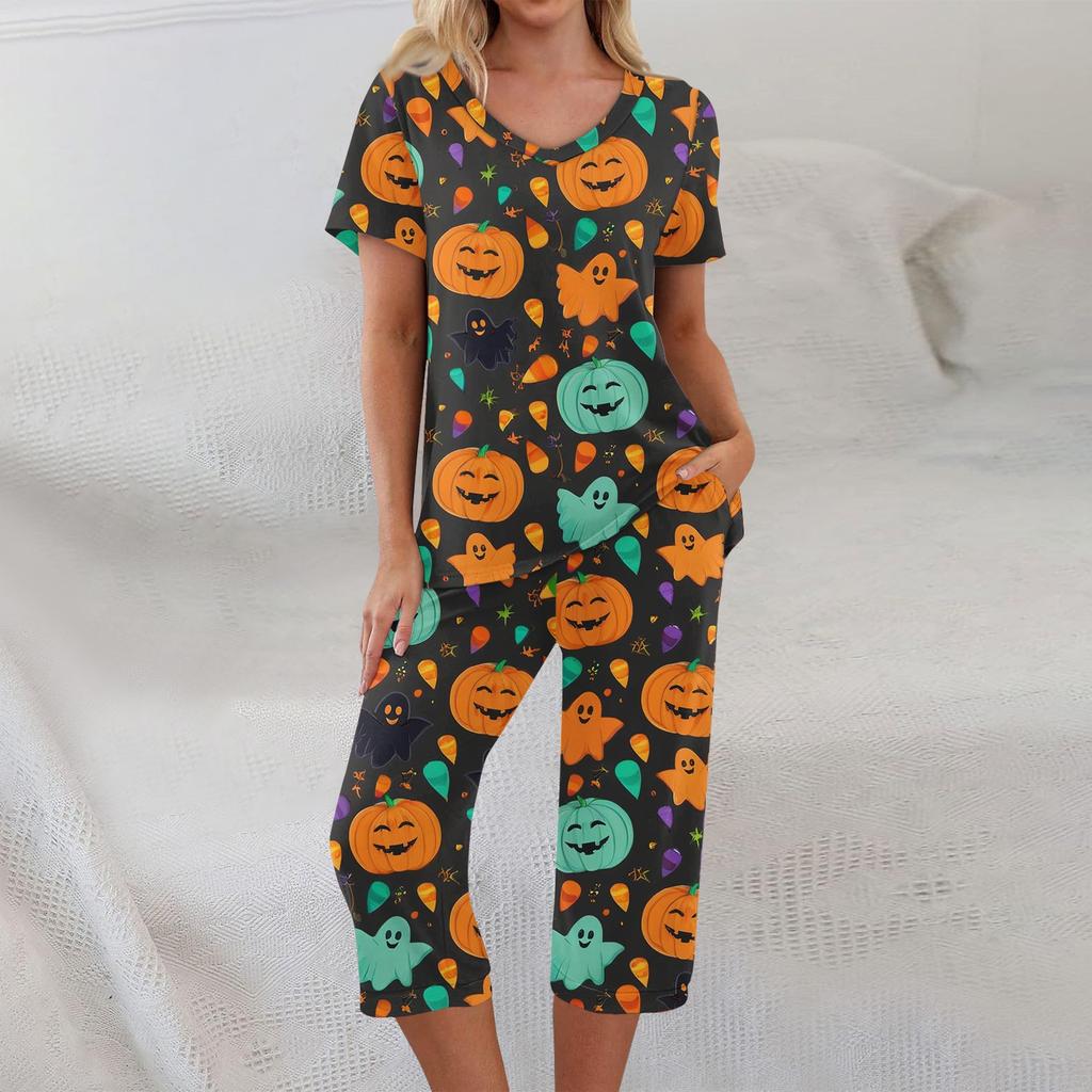 Dvoudílné soupravy pro ženy Krátký rukáv Top a Kalhoty s kapsami Cvičení Měkké Halloweenský potisk Soupravy