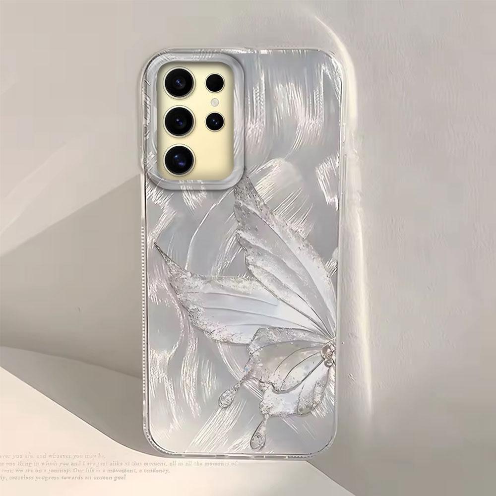 Luxury Laser Silver Butterfly Texture Phone Case for Samsung Galaxy S25 S24 S23 S22 S21 FE Plus Ultra Shell Silicone Back Cover