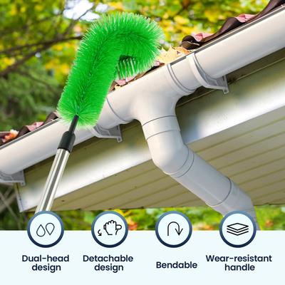 Gutter Cleaning Brush Telescopic Gutter Clean Tools with 2 Brush Heads and 8 Stainless Steel Tube Total Length 320cm for Home