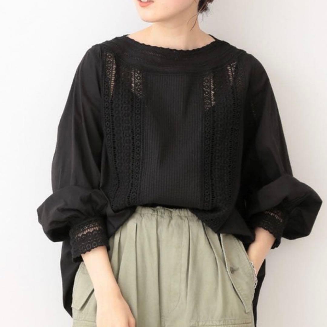 Good Condition IENA Cotton Voile Lace Blouse Black Embroidery Ruffle Sleeves Indian Cotton