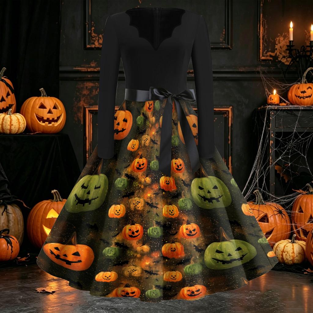 Women's Long Sleeve V Neck Vintage Style Dress with Halloween Print Casual Retro Fit and Flare Midi Dress with Waist Tie for Everyday Wear