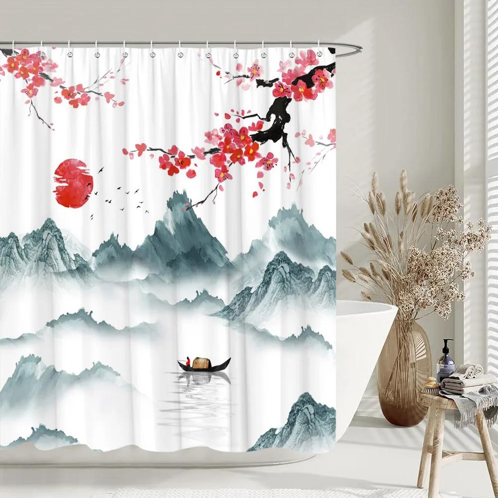 Aesthetic Floral Shower Curtain Watercolour Plum Artist Home Bathroom Decor Polyester Washable Shower Curtains Set With Hooks