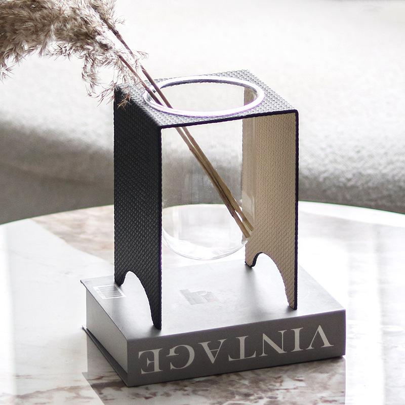 Geometric Art Metal, Leather Weaving, Glass Vase, Hydroponic Vase, Flower Arrangement, Glass Container, Living Room Decoration