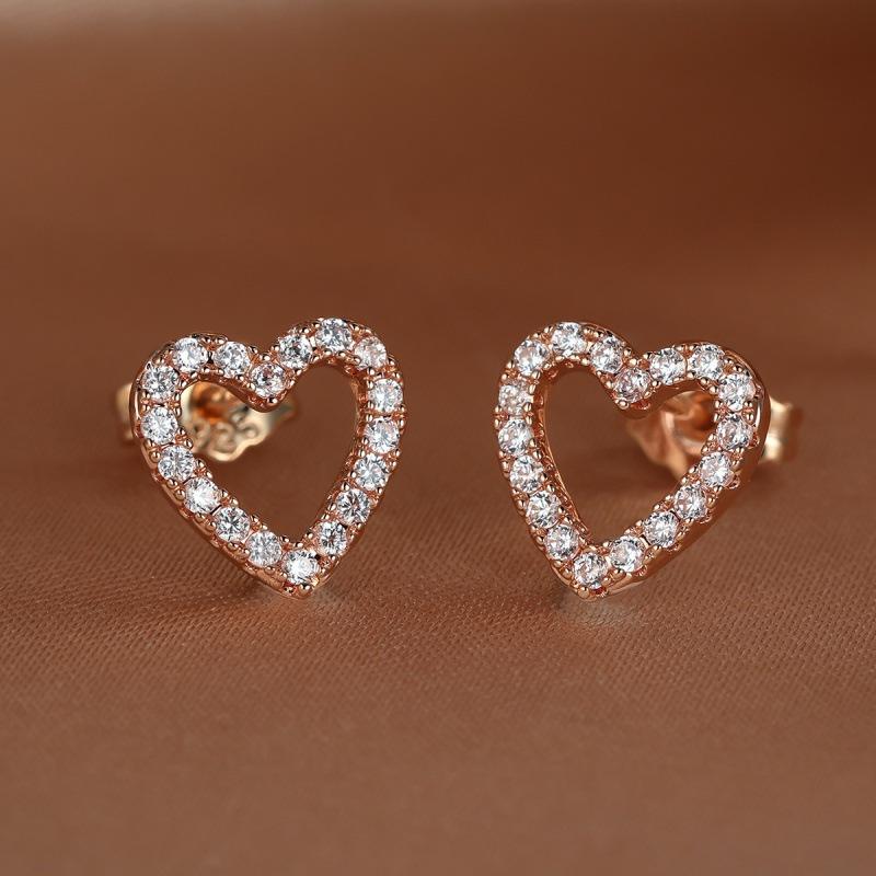 New Micro-inlaid with Diamond Zircon Heart-shaped Rose Gold-plated Stud Earrings Women's Hollow Love Earrings Jewelry