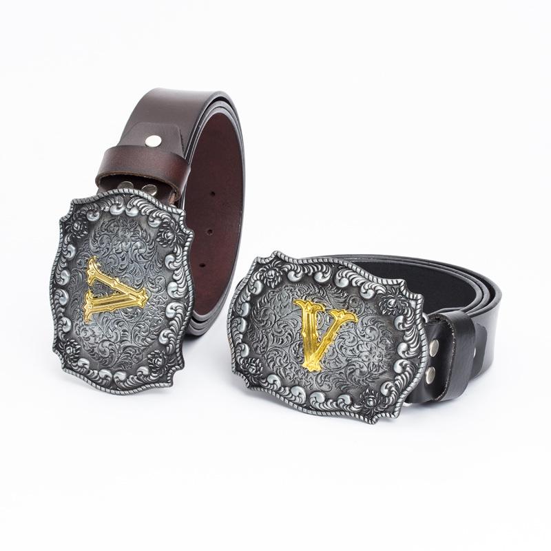 Western Cowboy Zinc Alloy Buckle Cowhide Patterned Elastic Belt for Men - Retro Knight Style