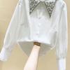 High Quality Pearls Diamonds Collar White Shirt Women Tops Mujer Spring Arrival OL Elegant Blouse Tops Camisas Mujer