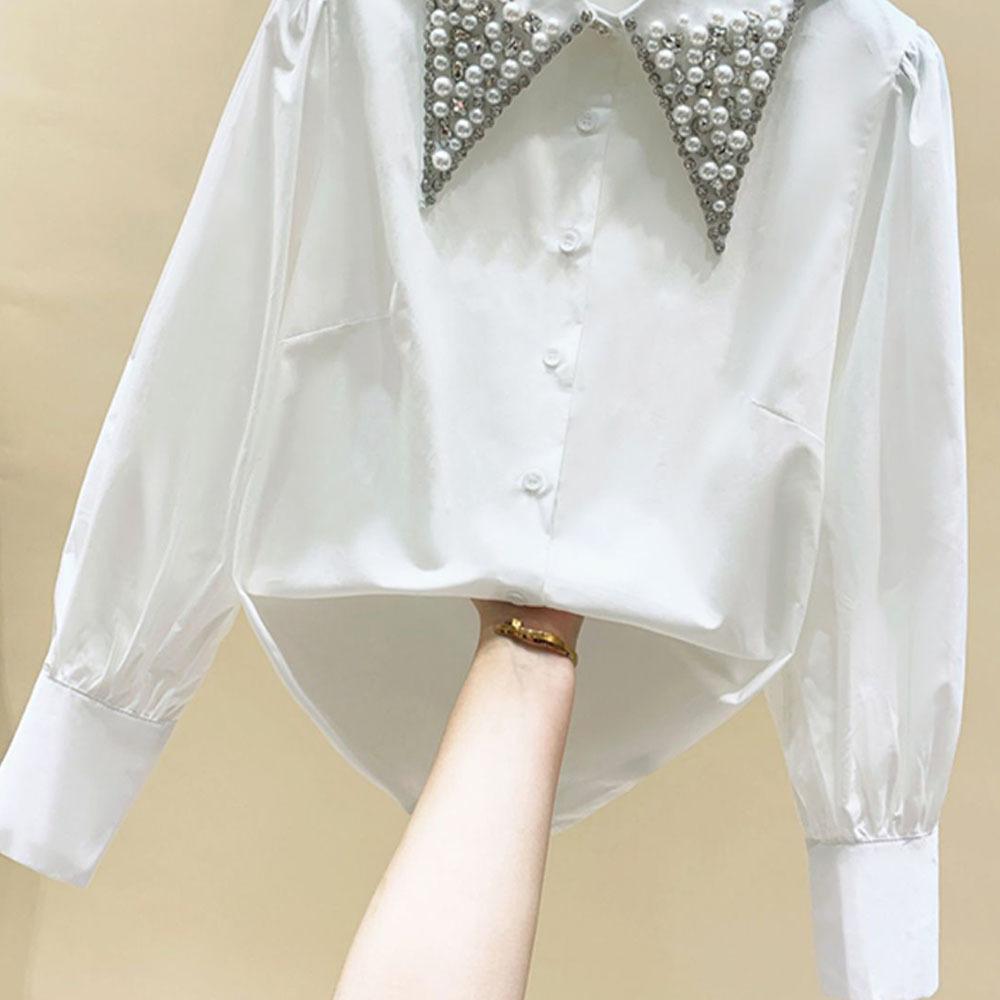 High Quality Pearls Diamonds Collar White Shirt Women Tops Mujer Spring Arrival OL Elegant Blouse Tops Camisas Mujer