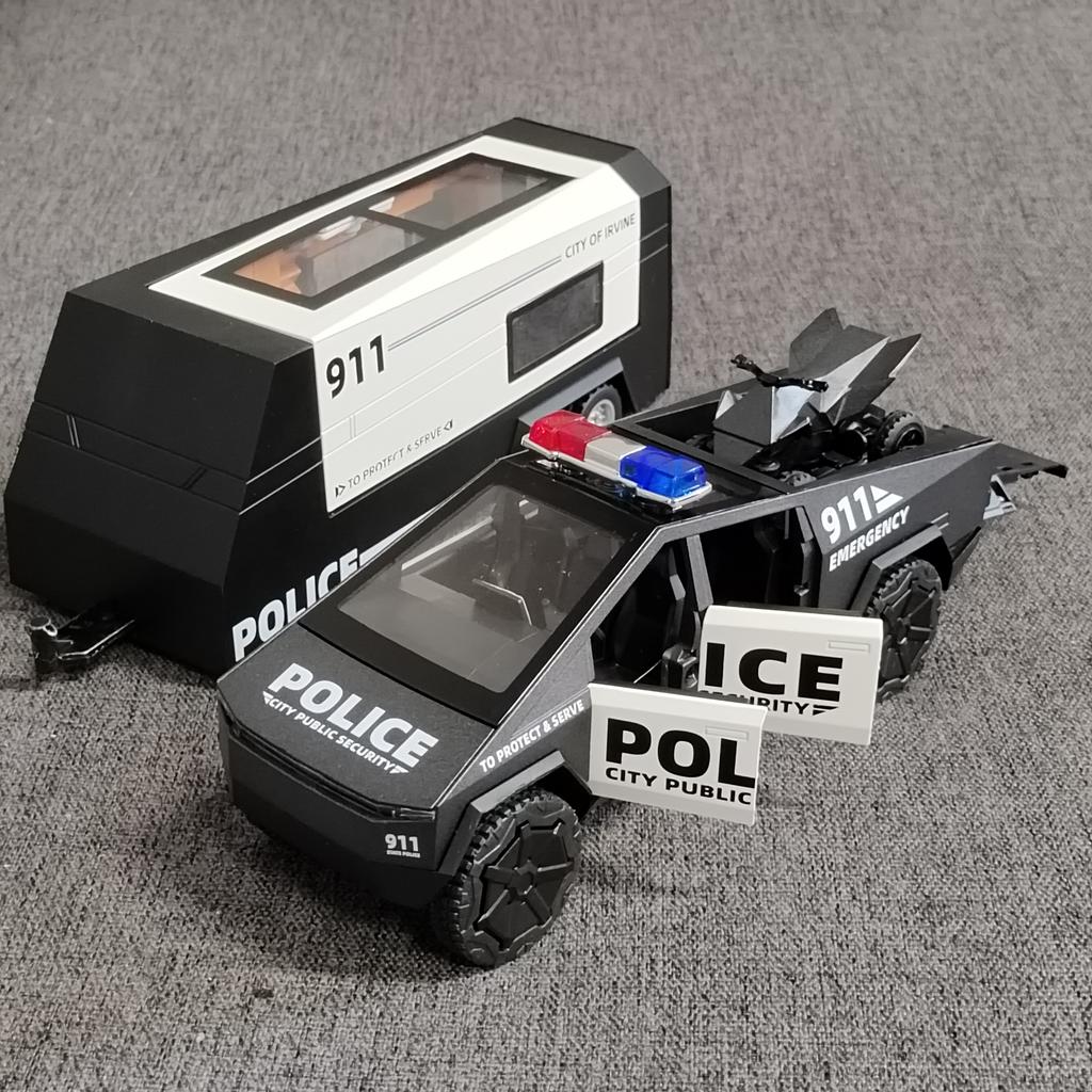 1/32 Tesla Police Cybertruck Trailer Off Road Pickup Truck Diecast Model Car Alloy Children's Toy RV Sound & Light Music Birthday Gift