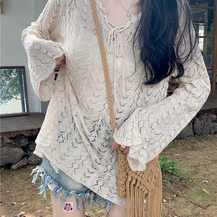 Hollow Out Long Sleeved Knitted Sweater Women's Korean Version Short Cover Shirt Summer Loose Sun Protection Sweet and Spicy Top