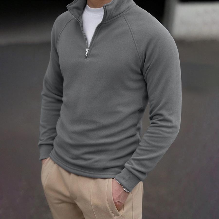 Men's European & American Slim Fit Raglan Sleeve Half-Zip Sweatshirt with Stand Collar - Solid Color Casual Wear for Spring & Autumn.