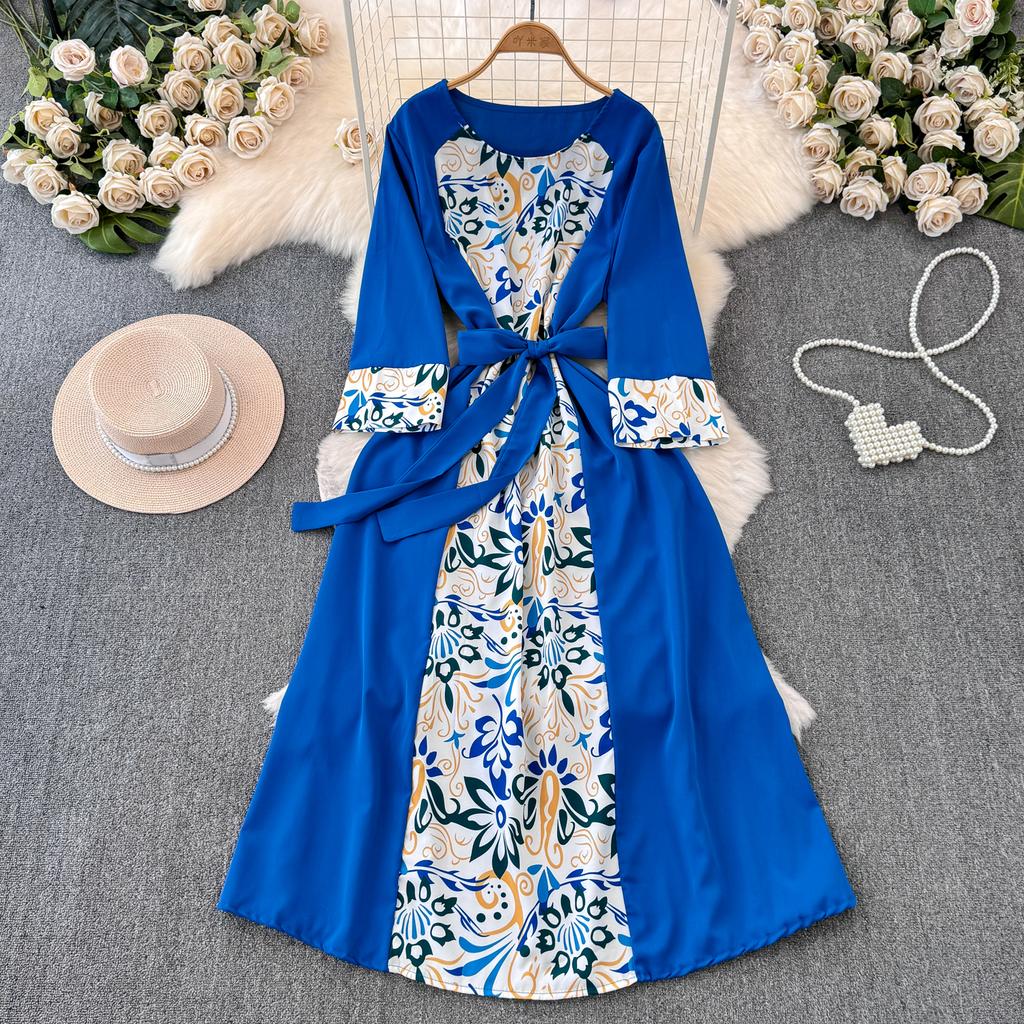 Podzimní Vintage Dámské Tištěné Patchworkové Dlouhé Šaty Elegantní O-Výstřih Vysoký Pas A-Linie Ležérní Maxi Šaty Dámské Sváteční Šaty