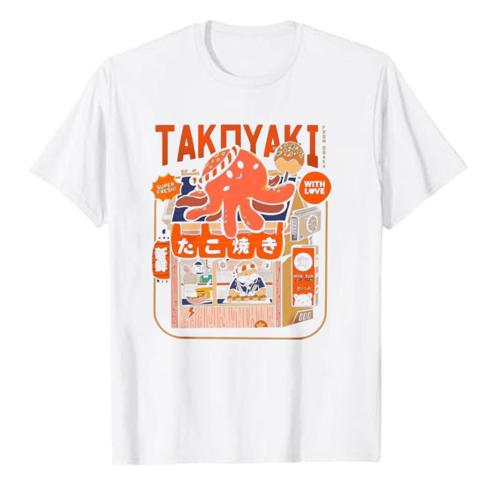 Vintage Takoyaki Japanischer Essensstand Oktopus Grafik T-Shirt Retro Anime Stil Baumwolle Locker Streetwear Lässig Unisex Tägliche Oberteile