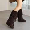 2025 Plus Size Cow Suede Material Tassel Women's Mid-Calf Boots Flat Wedge Heel Short Plush Lining Winter Show Flock Tassel Boot