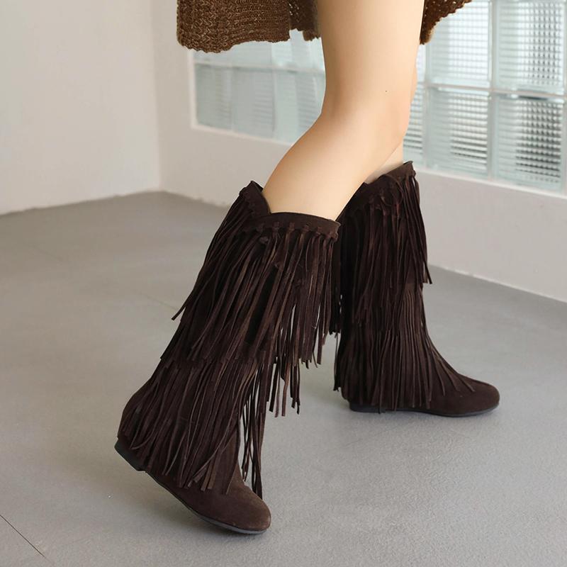 2025 Plus Size Cow Suede Material Tassel Women's Mid-Calf Boots Flat Wedge Heel Short Plush Lining Winter Show Flock Tassel Boot