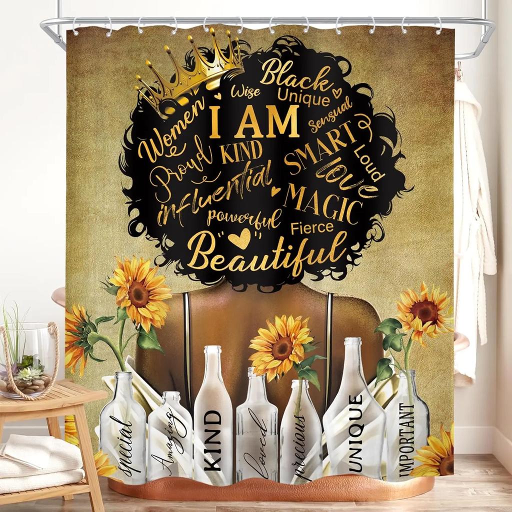 Black Girl Shower Curtain – African American Woman with Colorful Floral Design, Rustic Wooden Style Fabric Curtain with Hooks