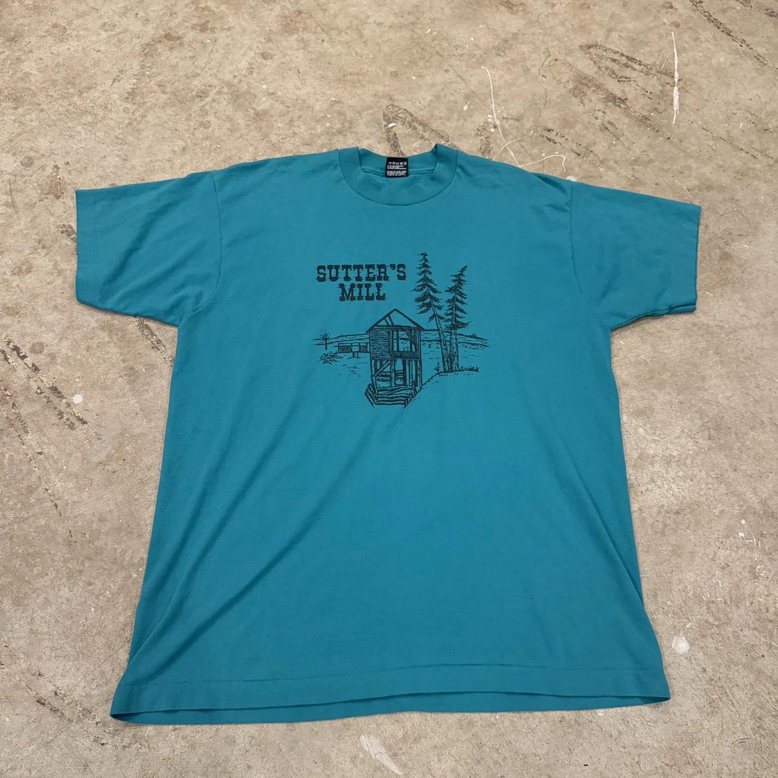

Vintage Sutters Mill T-Shirt California Gold Discovery White Teal Blue Tee XL 90s 4XL