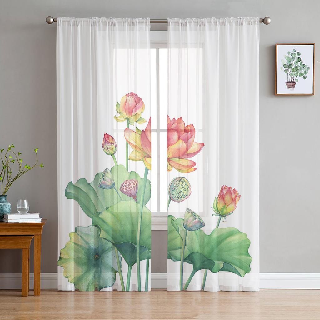 Pflanze Lotus Blume Weiß Tüll Fenster Vorhänge Wohnzimmer Organza Garn Sheer Voile Vorhang Schlafzimmer Küche Home Decor Drapieren