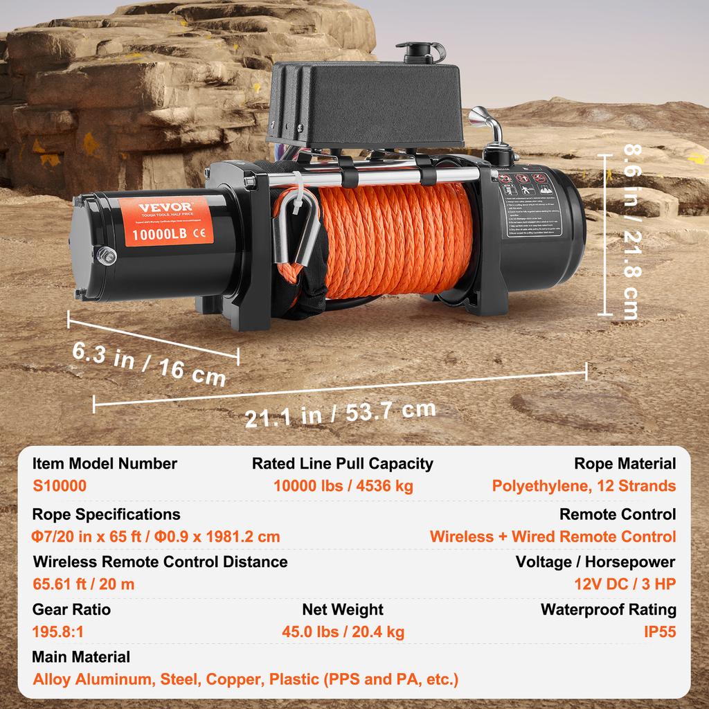 SucceBuy 10000lbs Electric Winch 12V Truck Car Winch with 65ft Synthetic Rope Wireless Control IP55 for Towing Off-Road SUV Jeep