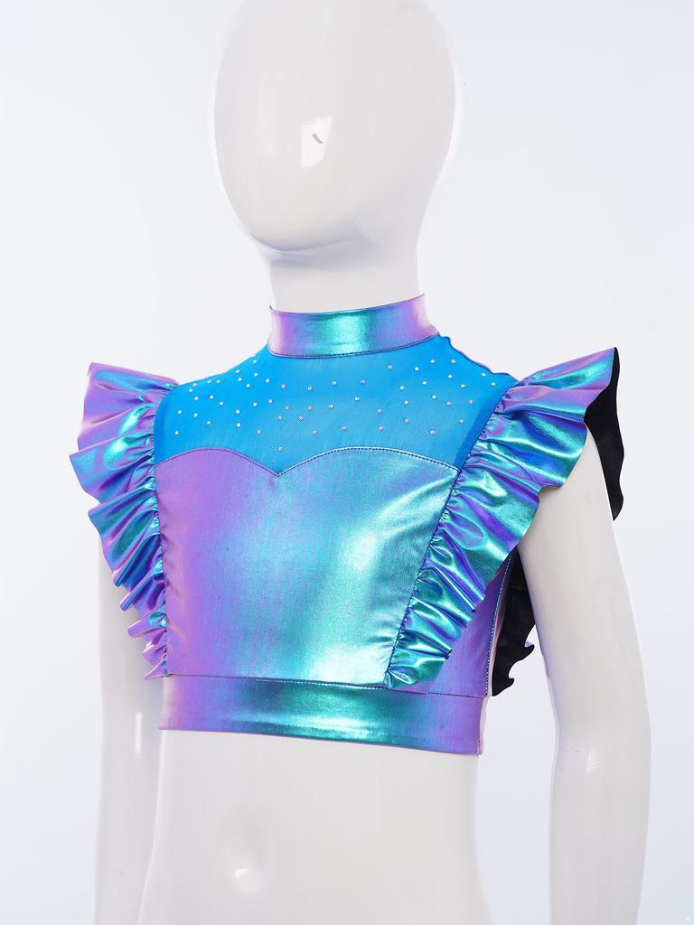 Kids Dance Shirt Metallic Mock Neck Mesh Patchwork Rhinestone Ruffle Crop Top with Press Buttons