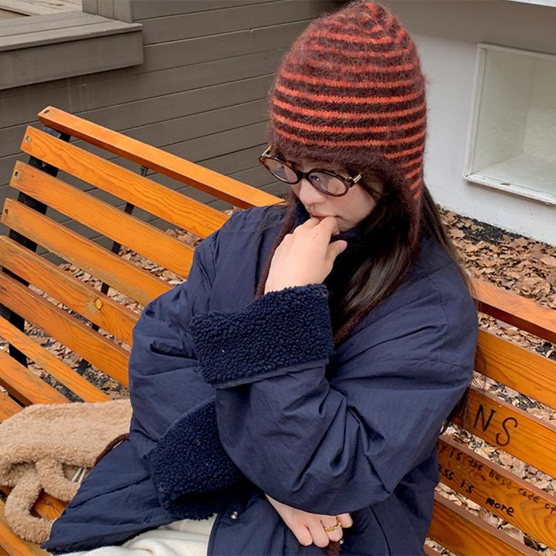 Women Winter Hat 100% Wool Knitted Black White Striped Beanie Baggy Cap Warm Windproof Outdoor Ski Balaclava Casual New