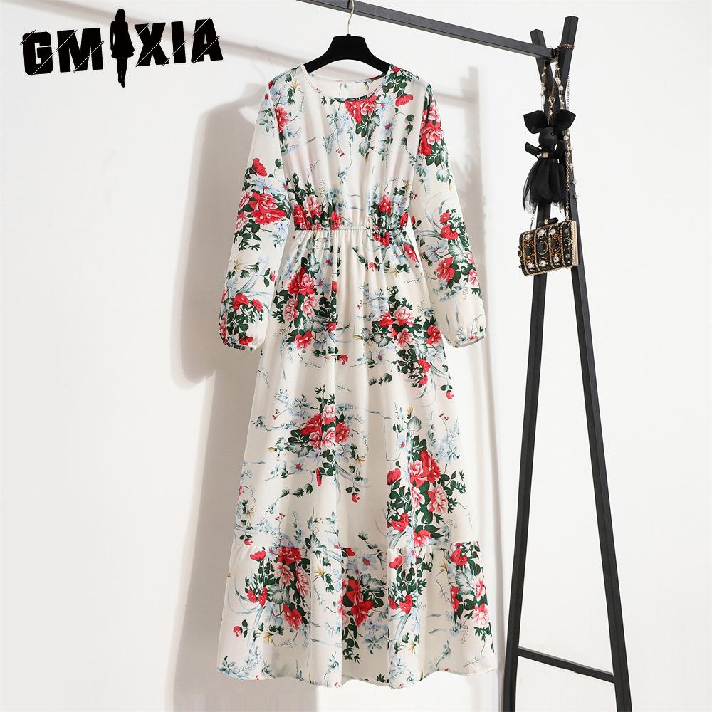 GMXIA 25 Colors Spring Women Maxi Dresses Casual Long Sleeve Floral Print O-Neck Ladies Long Dress Bohe Beach Party Mujer Vestidos Muslim Dress