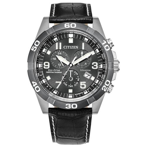 

Citizen Men s Eco-Drive Sports Casual Chronograph Watch, Super Titanium Perpetual Calendar, Tachymeter, 12/24 Hour Display, Alarm, Date, Black Leathe