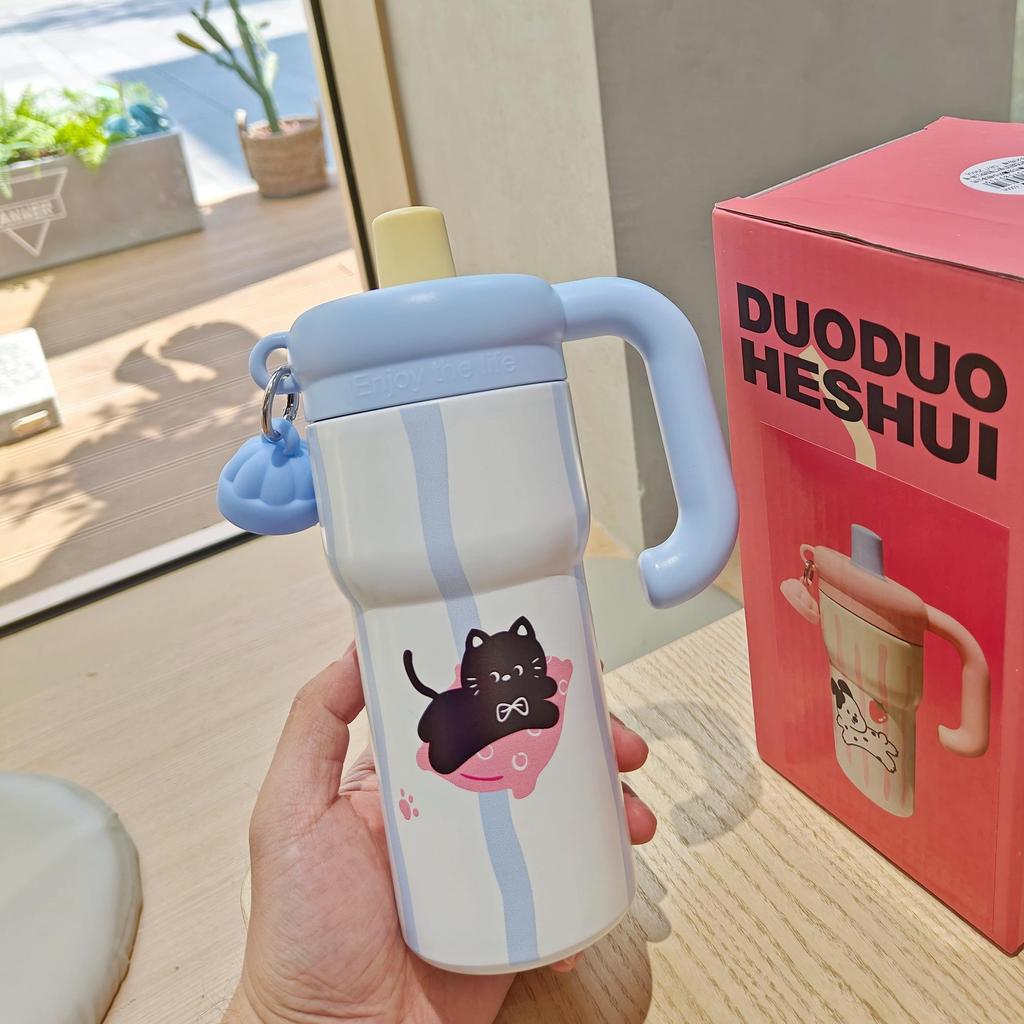 Floral Cartoon Handle Stainless Steel Vacuum Insulated Cup with Tea Infuser and Straw