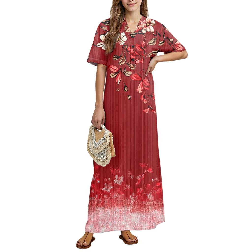 Women's Fashion Printed Nightgown Home Clothes Short Sleeve Nightgown With Pockets Long Dress