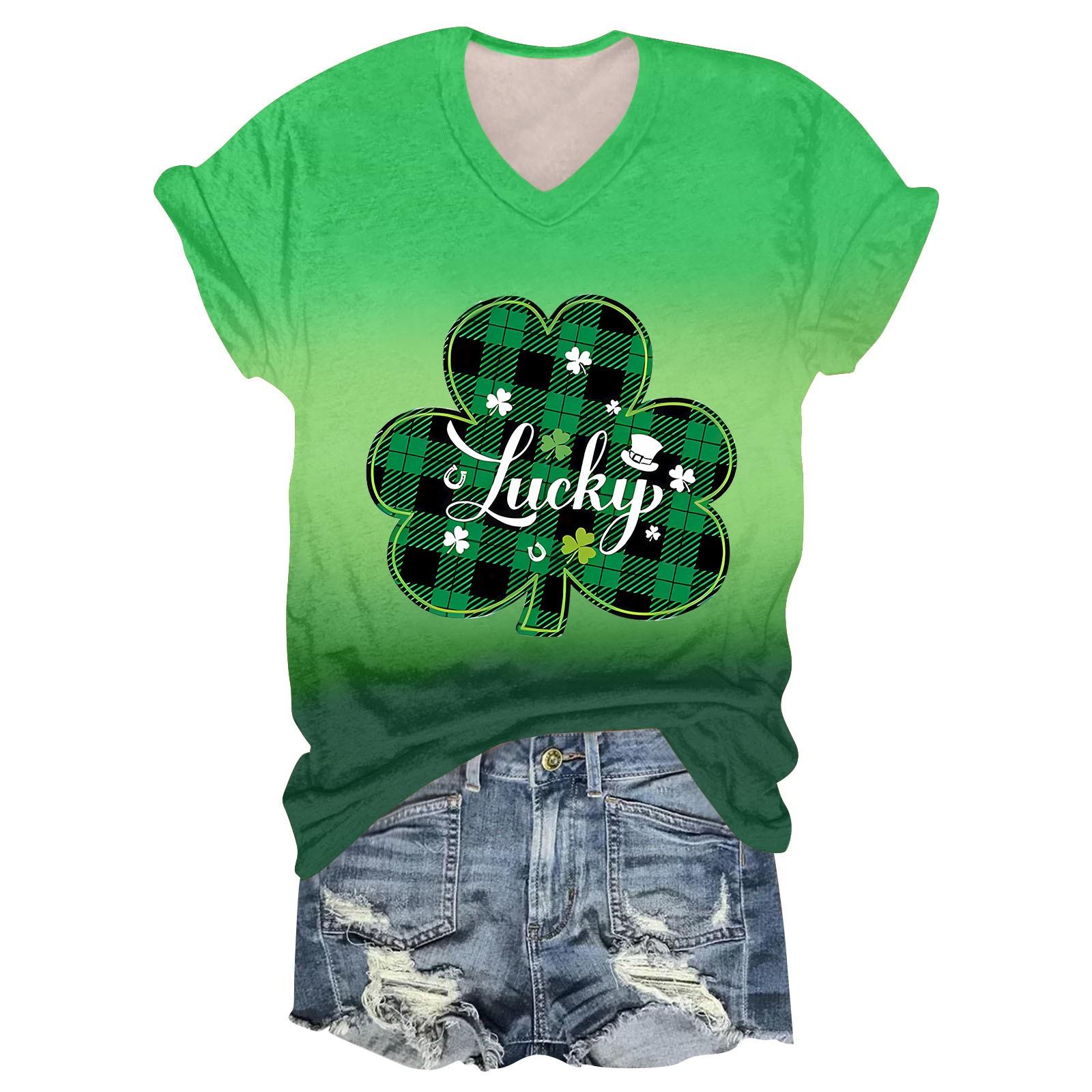 

Женская мода студенческая футболка с короткими рукавами и V-образным вырезом ко Дню Патрика XXXL