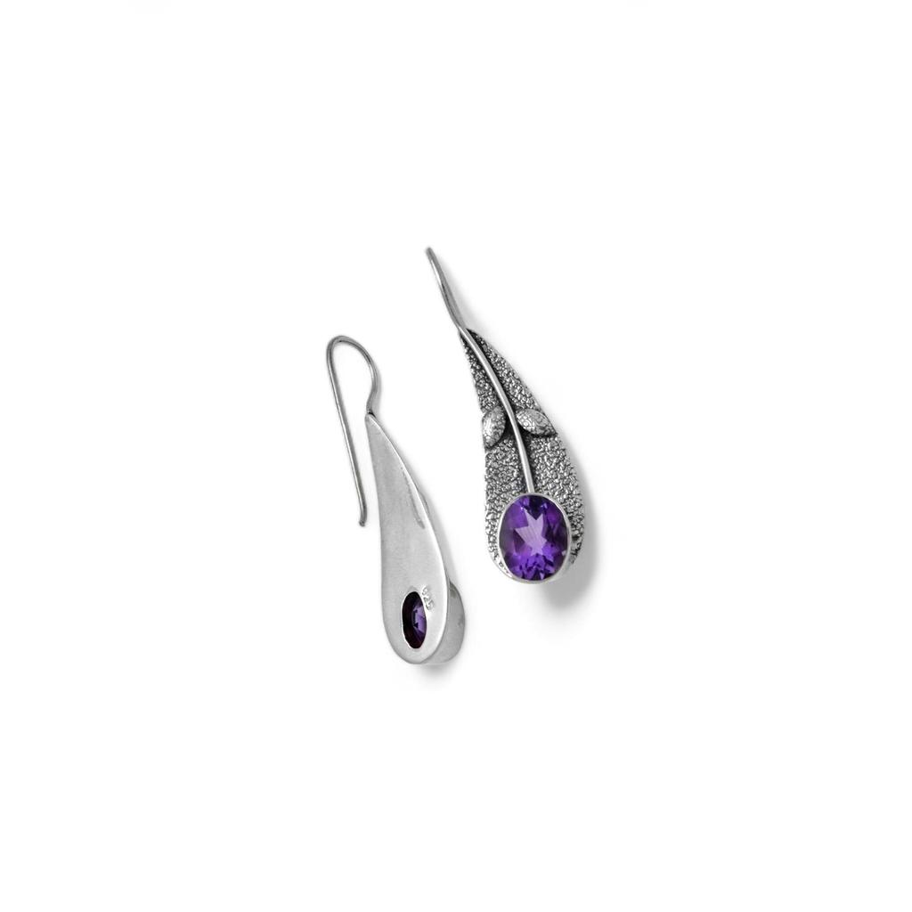 925 Sterling Silver Oval Amethyst Earrings – Textured Leaf Design, Artisan Handmade Gemstone Jewelry, Women's Unique Drop Earrings